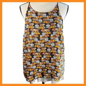 Porridge Tank Top Suitcase Print Sleeveless‎ Black Orange Travel Vacation Size S
